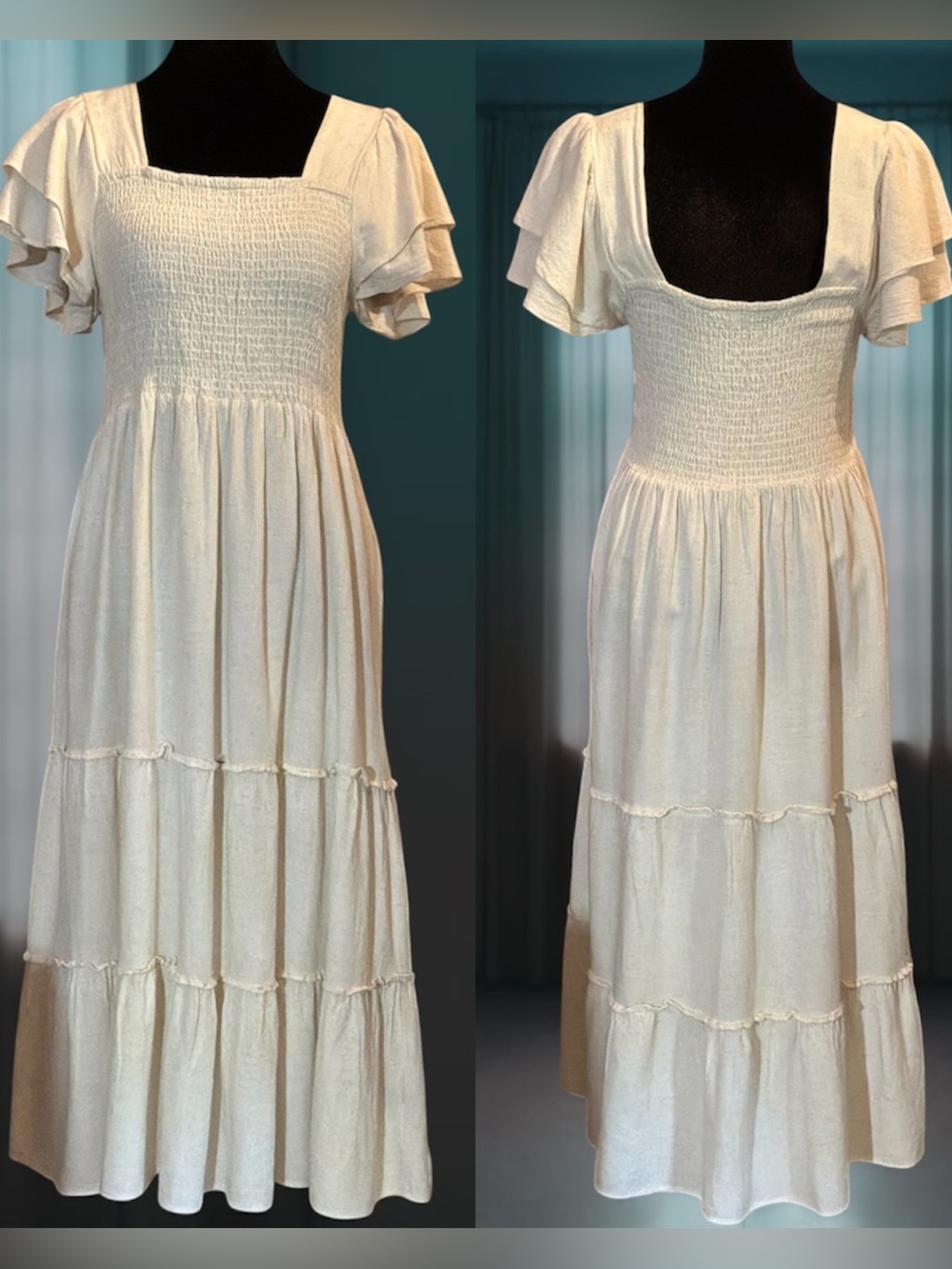 🌙✨ Mille Gabrielle Smocked Square-Neck Maxi Dress in Cream with Flutter Sleeves
